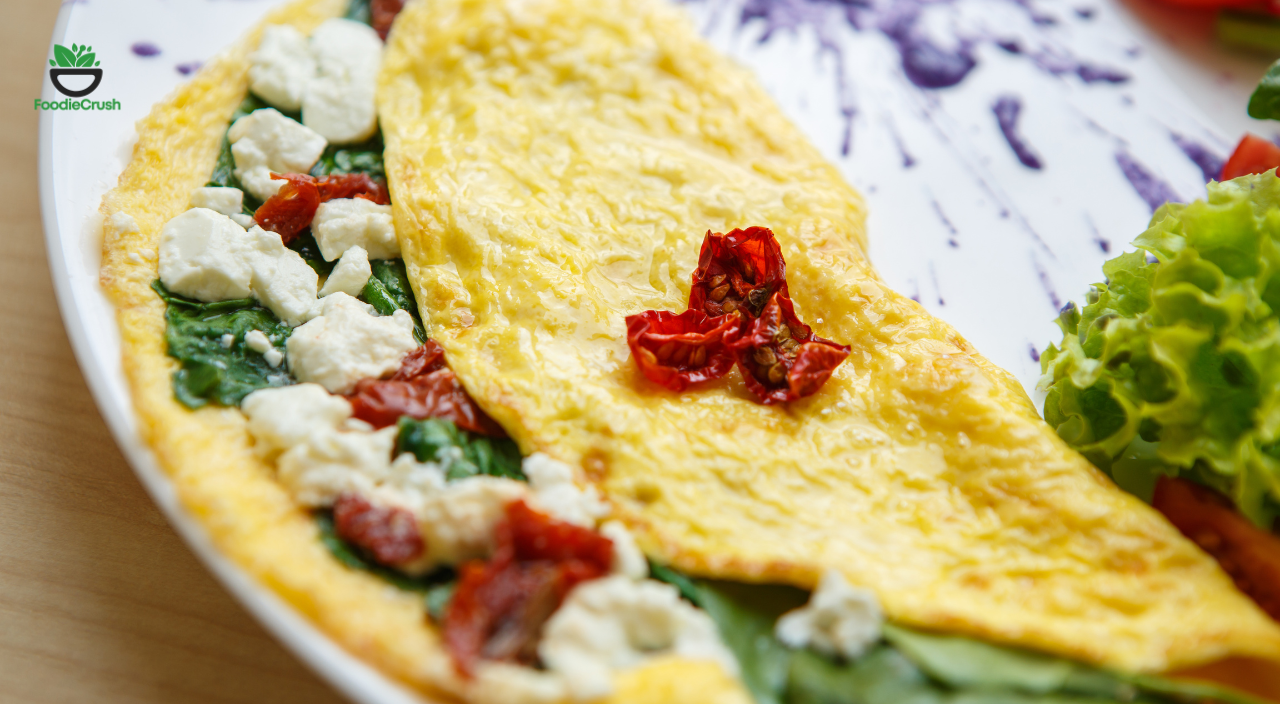 spinach omelet with feta eggs and canning tomato sauce